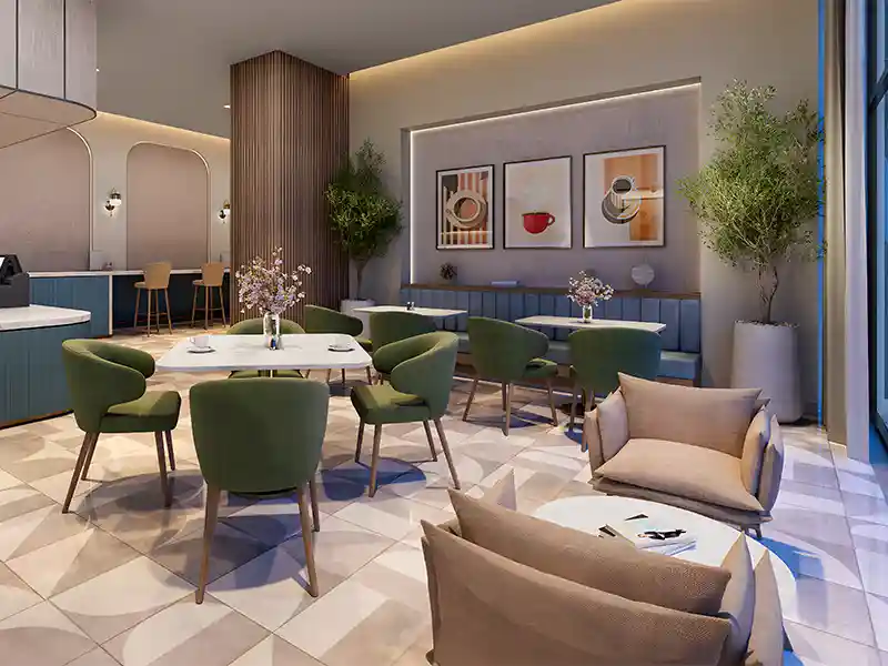 Modern clubhouse cafe and executive lounge interior at Emaar Serenity Hills Gurgaon